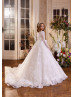 Long Sleeves Beaded Ivory Printed Tulle Flower Girl Dress